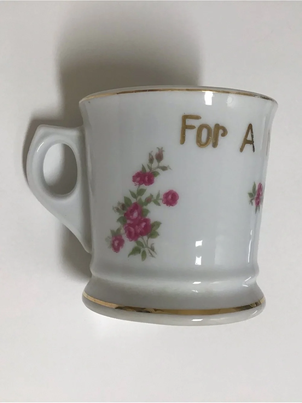 Vintage Shaving Mug FOR A LITTLE SHAVER Girl’s White Pink Roses Bouquet Ribbons
